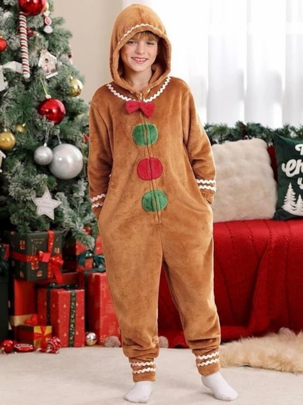 Kids Christmas Gingerbread Costume Flannel Hooded One-Piece PAJAMA 8 YEAR OLD